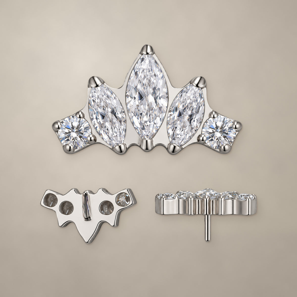 Marquise and round crown threadless end in titanium, shown from three angles