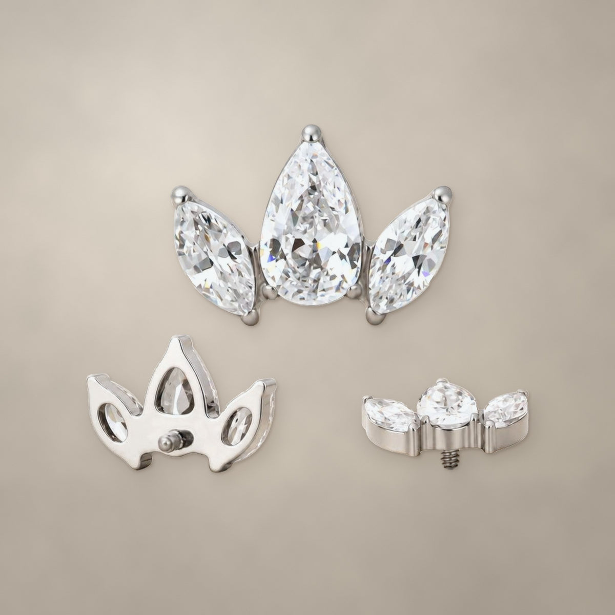 Marquise crown internally threaded end in titanium, shown from three angles
