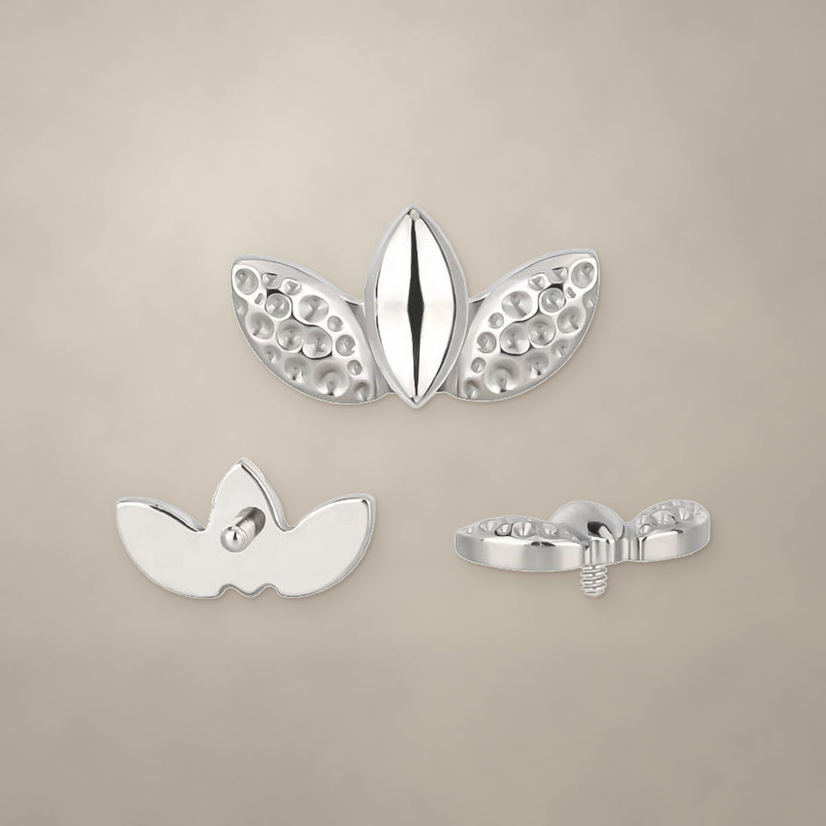 Textured leaf trio internally threaded end in titanium, shown from three angles