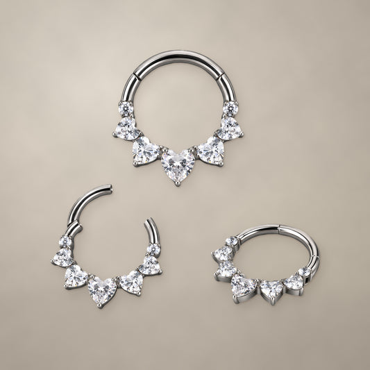 Heart garland titanium clicker ring (8 mm), shown from three angles