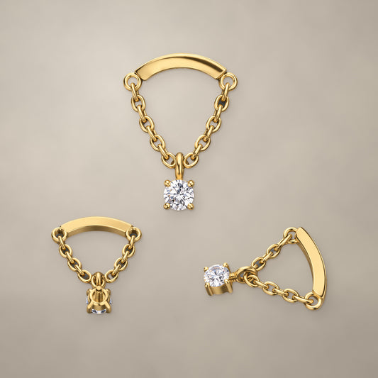 Chain and stone drop internally threaded end with a gold-tone finish, shown from three angles