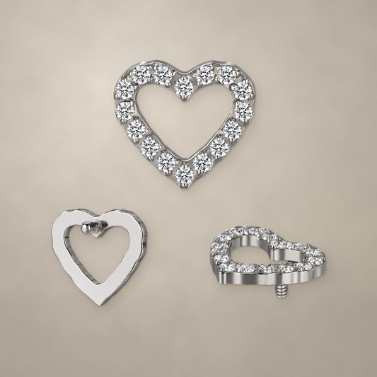 Open heart internally threaded end in titanium, shown from three angles