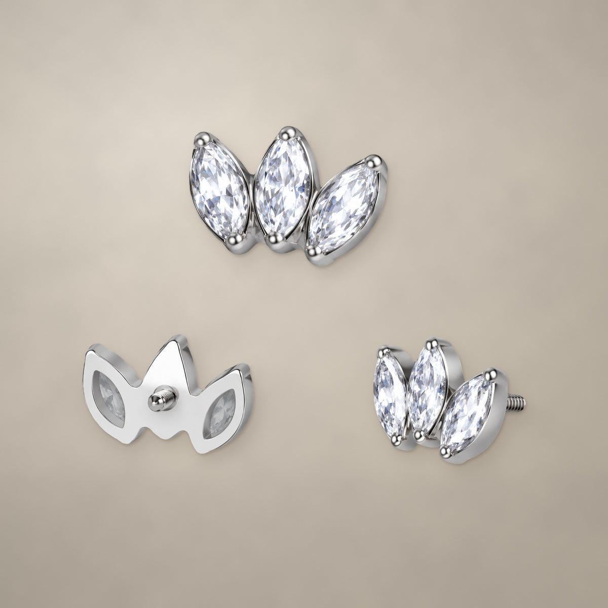 Three-marquise crown internally threaded end in titanium, shown from three angles