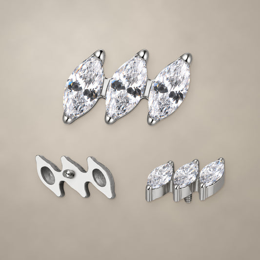 Zigzag marquise trio internally threaded end in titanium, shown from three angles