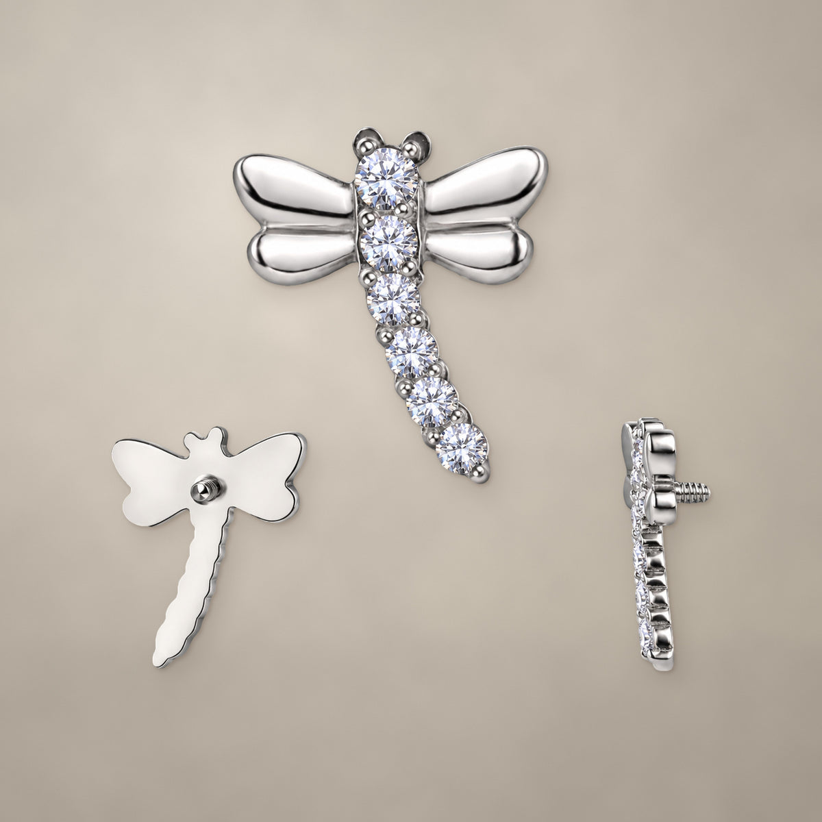 Dragonfly internally threaded end in titanium, shown from three angles