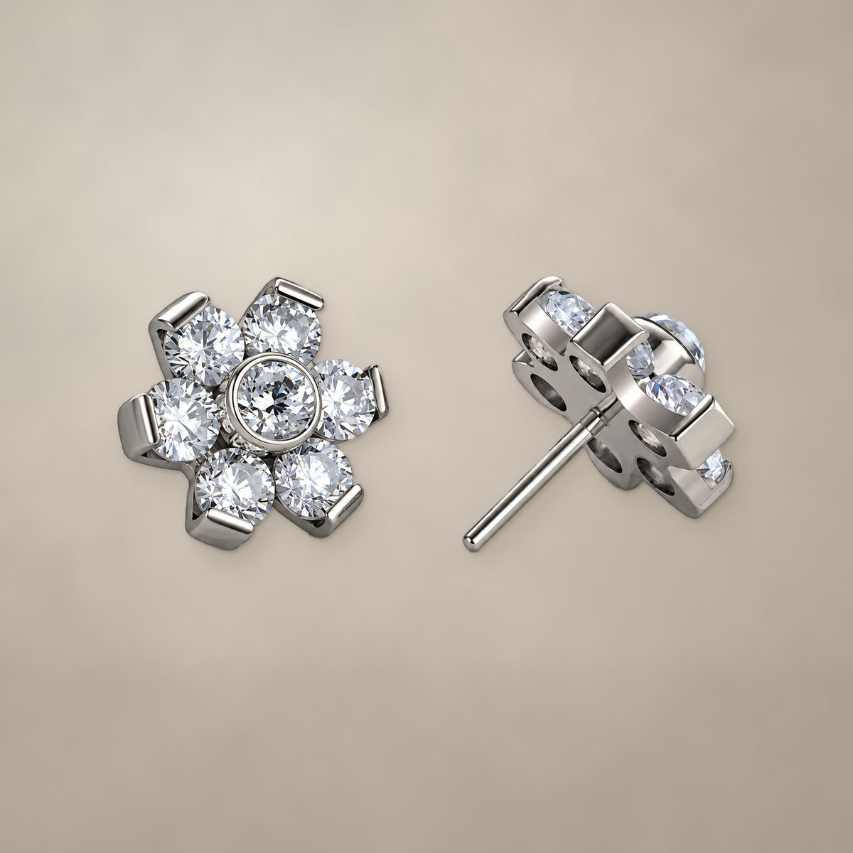 Flower threadless end in titanium with aurora borealis stones (5 mm), shown from two angles