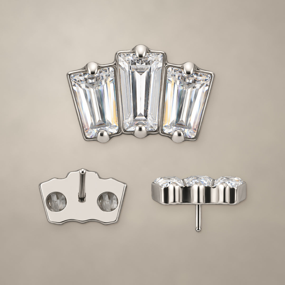 Three-baguette fan threadless end in titanium, shown from three angles