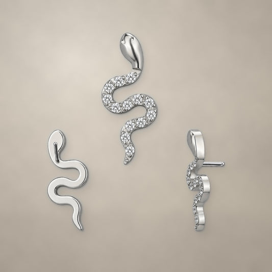 Snake threadless end in titanium, shown from three angles