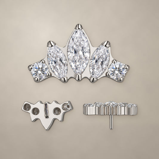 Marquise and round crown threadless end in titanium, shown from three angles