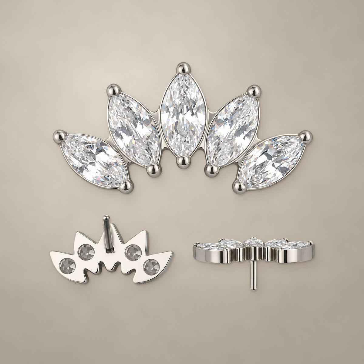 Five-marquise crown threadless end in titanium, shown from three angles