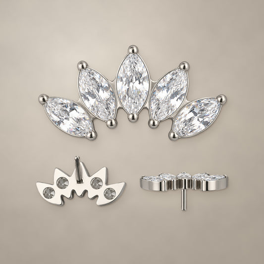 Five-marquise crown threadless end in titanium, shown from three angles