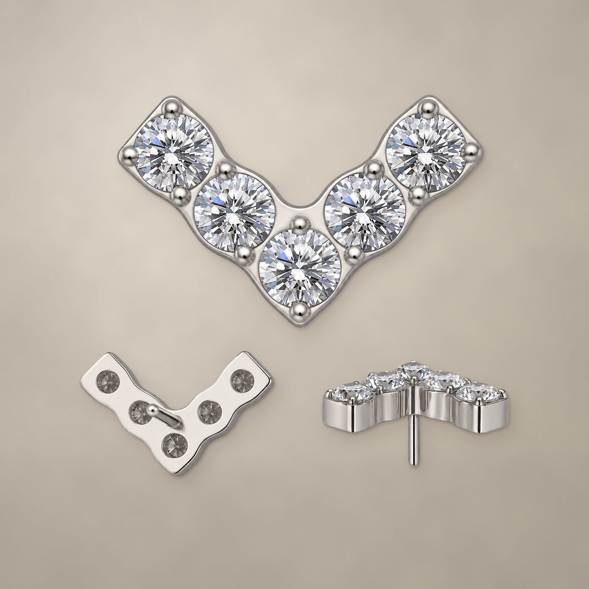 V-shaped threadless end in titanium, shown from three angles