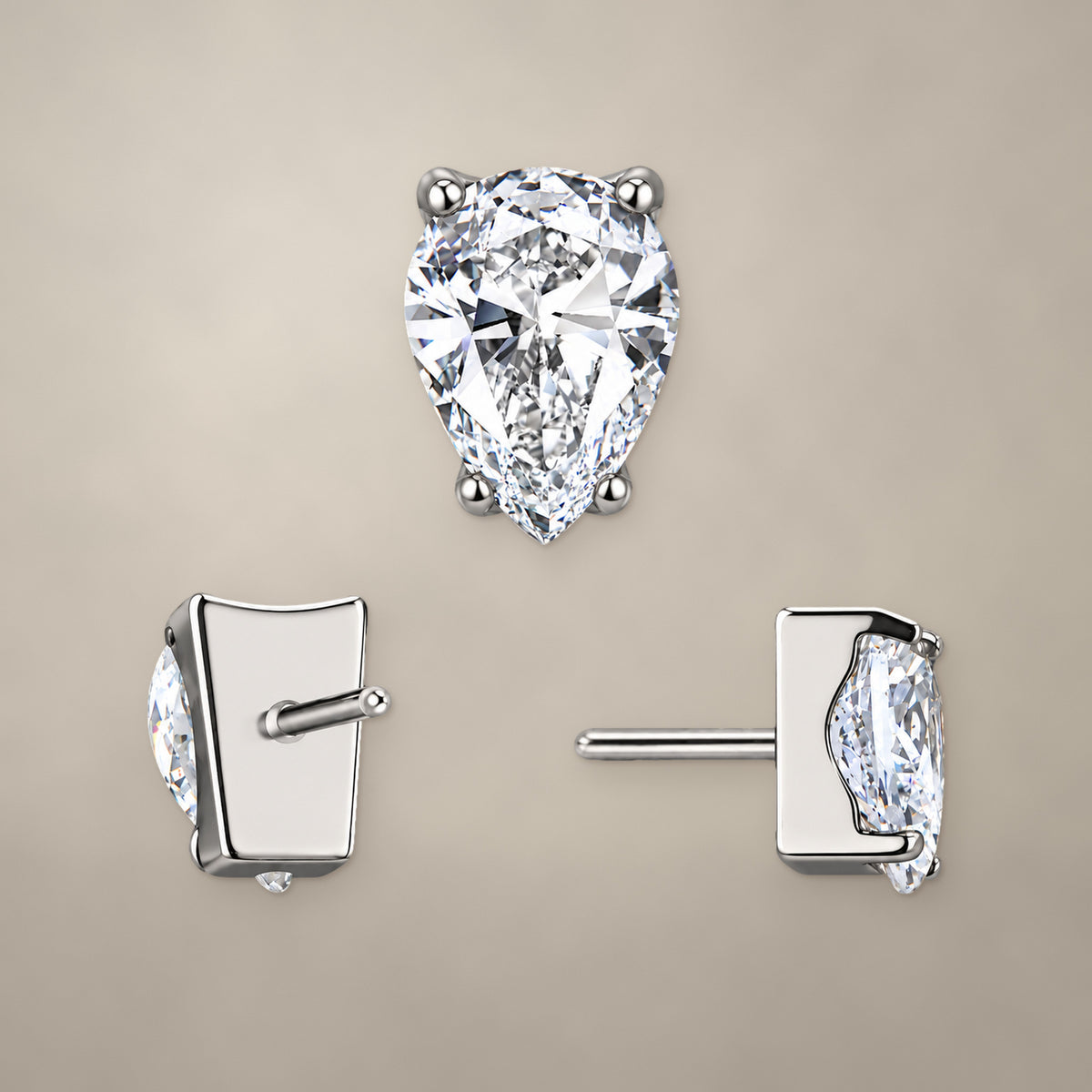 Pear-shaped threadless end in titanium, shown from three angles