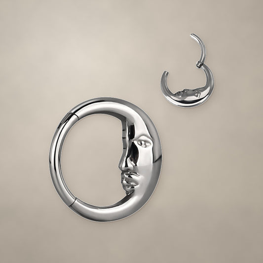 Crescent titanium clicker ring (8 mm), shown from two angles