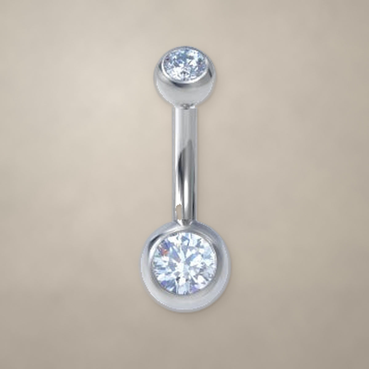 Internally threaded navel ring in titanium with two round bezel-set gems