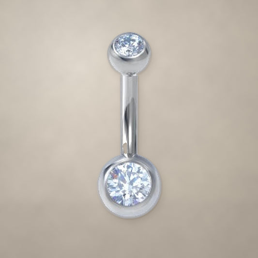 Internally threaded navel ring in titanium with two round bezel-set gems