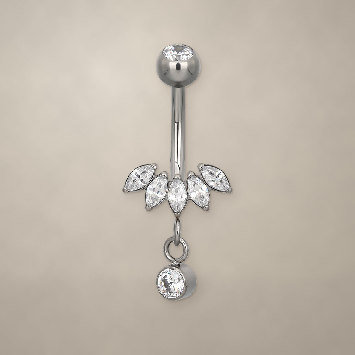 Titanium navel ring with five-stone marquise fan and round drop