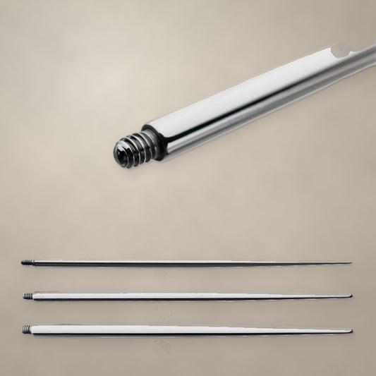 Titanium internally threaded insertion taper, threaded end close-up and three gauges