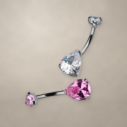 Triangle internally threaded navel ring in titanium, shown with clear and pink stones