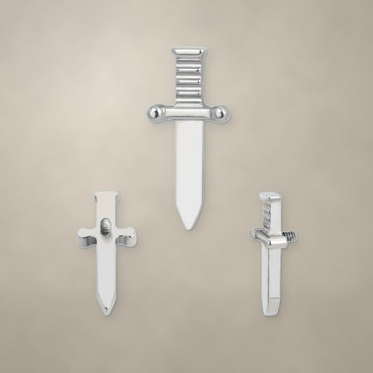 Dagger internally threaded end in titanium, shown from three angles