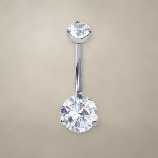 Prong-set CZ duo internally threaded navel ring in titanium
