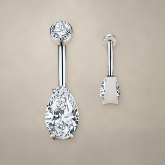 Pear drop internally threaded navel ring in titanium, shown from two angles