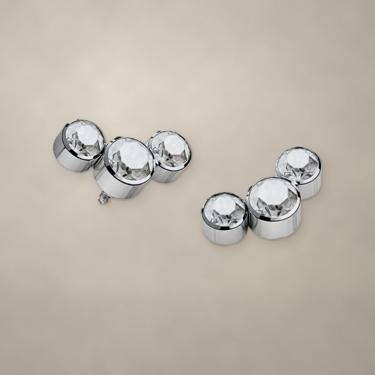 Round stone trio internally threaded end in titanium, shown from two angles