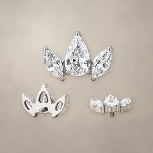 Marquise crown internally threaded end in titanium, shown from three angles