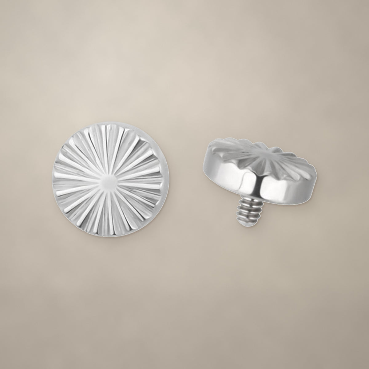 Sunray disc internally threaded end in titanium, shown from two angles