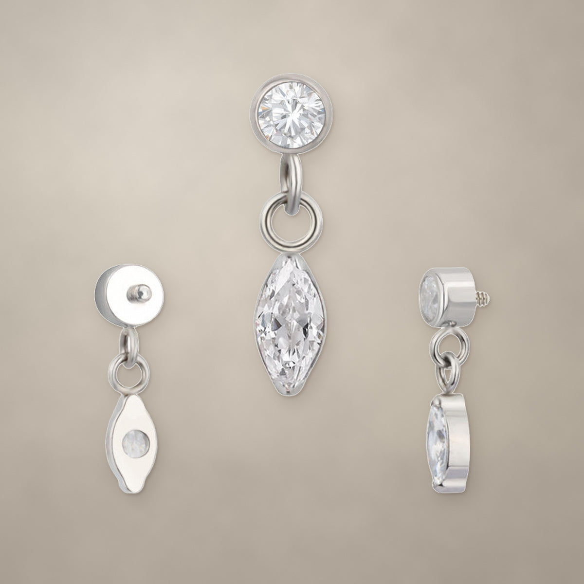 Marquise drop internally threaded end in titanium, shown from three angles