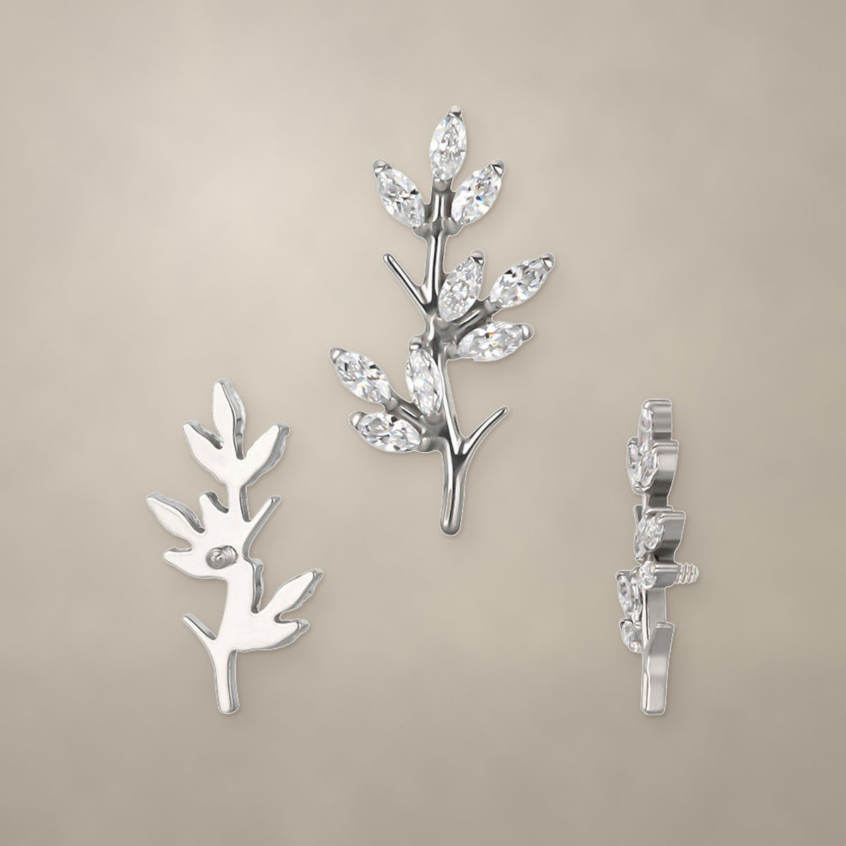 Leafy tree internally threaded end in titanium, shown from three angles