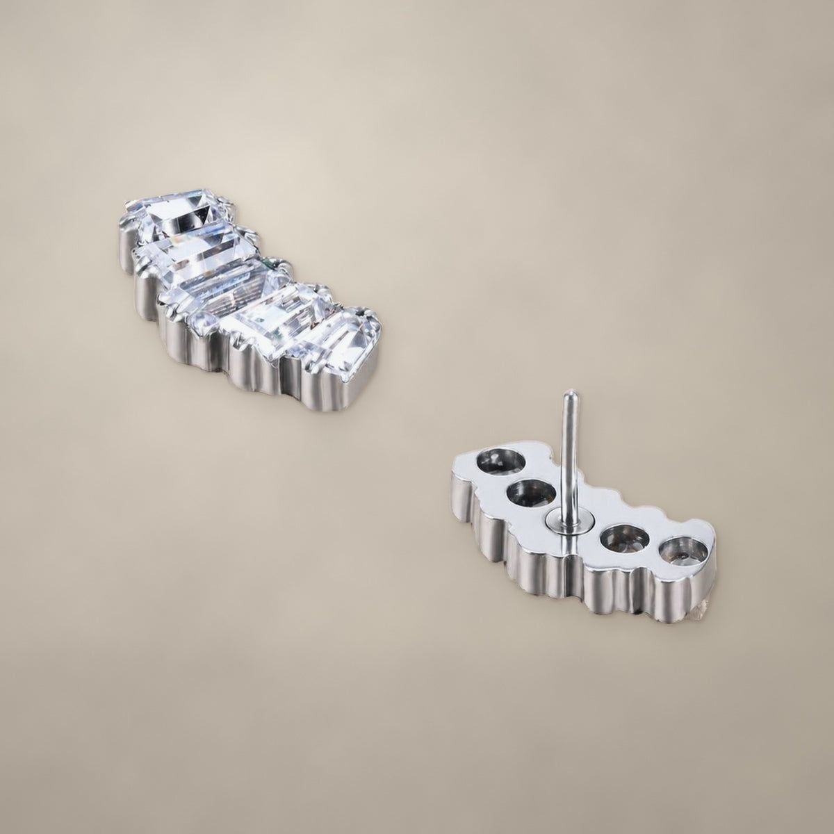Five-baguette arc threadless end in titanium, shown from two angles