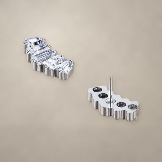 Five-baguette arc threadless end in titanium, shown from two angles