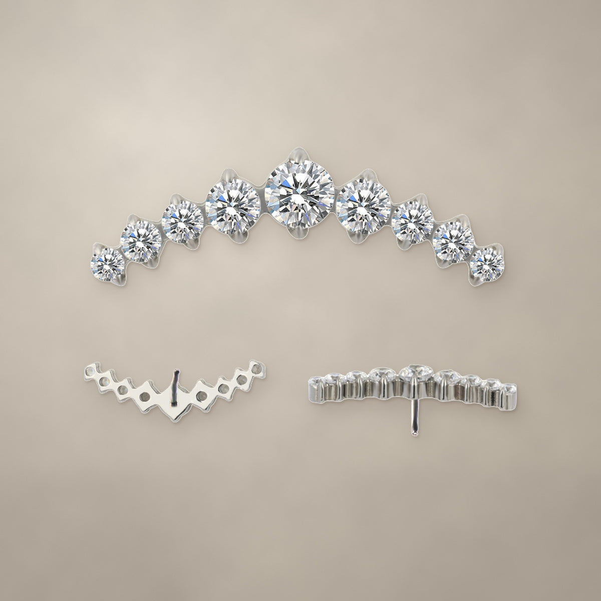 Arched stone threadless end in titanium, shown from three angles