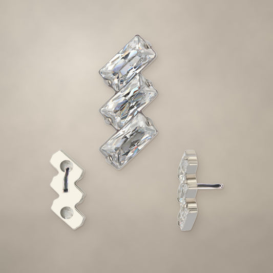 Zigzag baguette threadless end in titanium, shown from three angles
