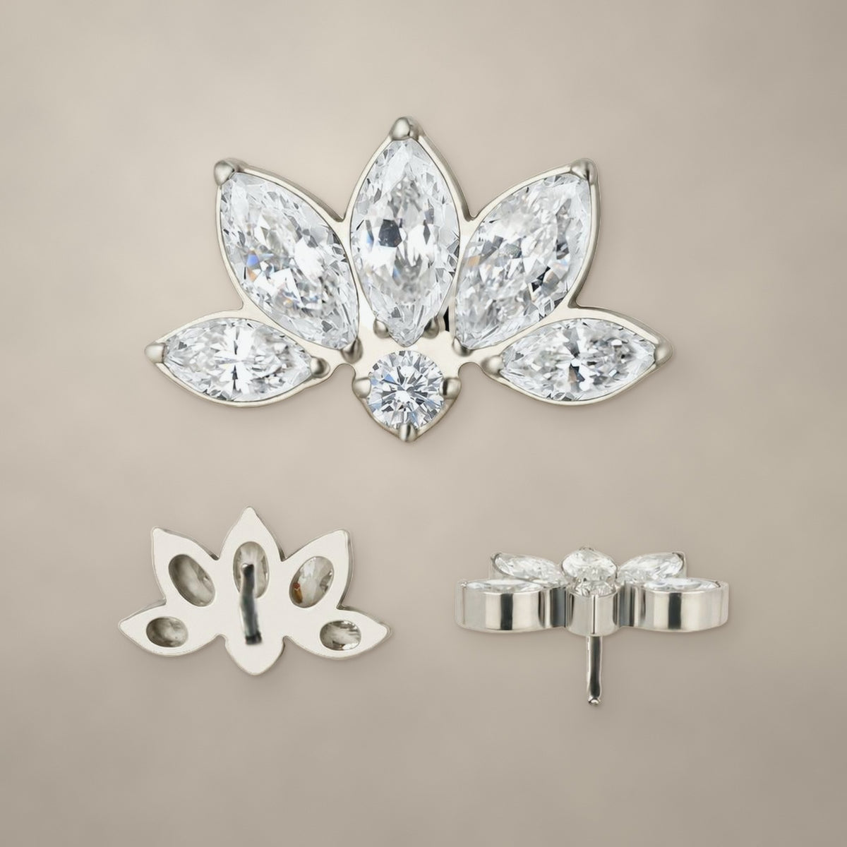 Lotus threadless end in titanium, shown from three angles