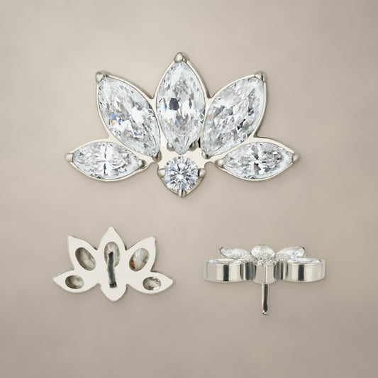 Lotus threadless end in titanium, shown from three angles