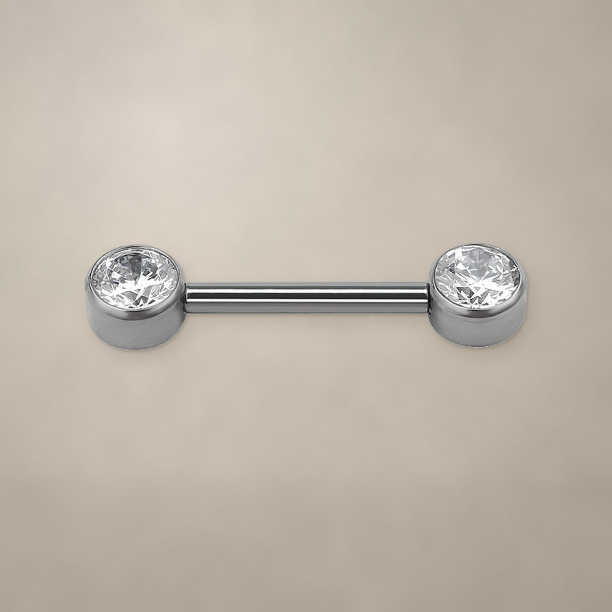 Titanium threadless nipple barbell with round bezel-set stones on both ends