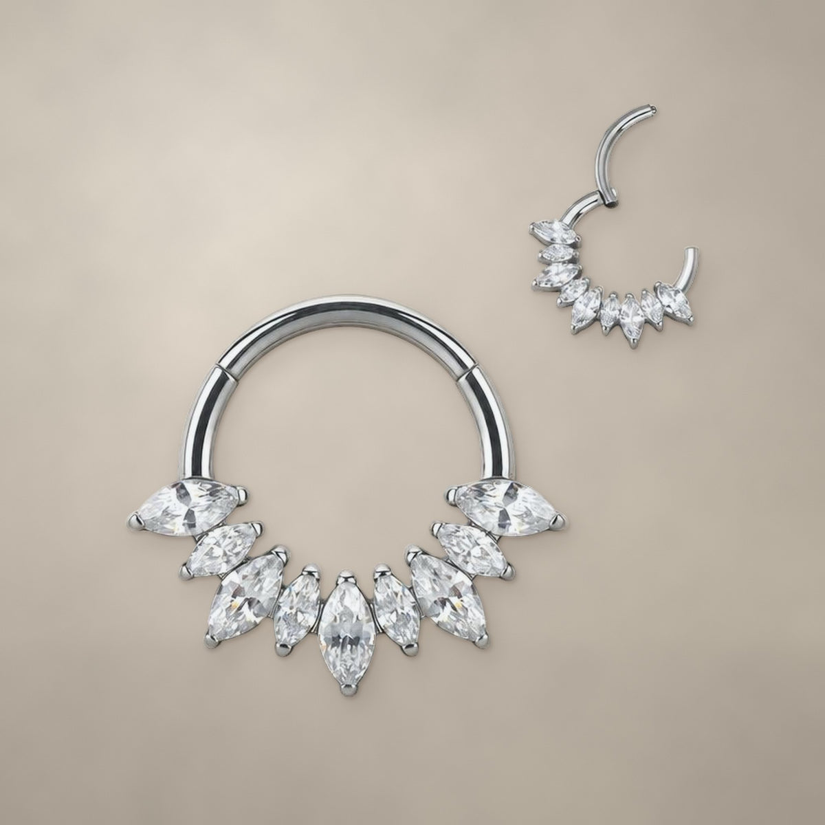 Marquise fan titanium clicker ring (10 mm), shown closed and open