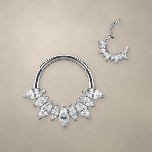 Marquise fan titanium clicker ring (10 mm), shown closed and open
