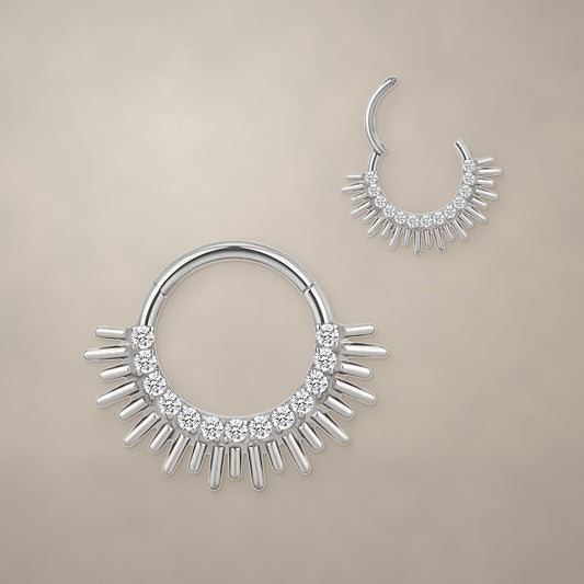 Sunburst titanium clicker ring (10 mm), shown closed and open