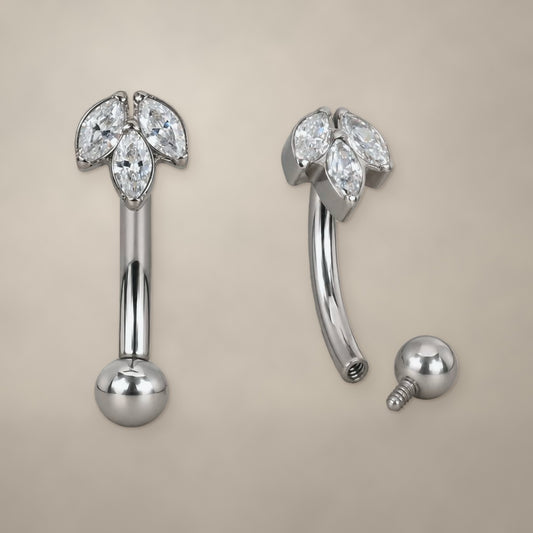 Three-petal internally threaded curved barbell for rook in titanium